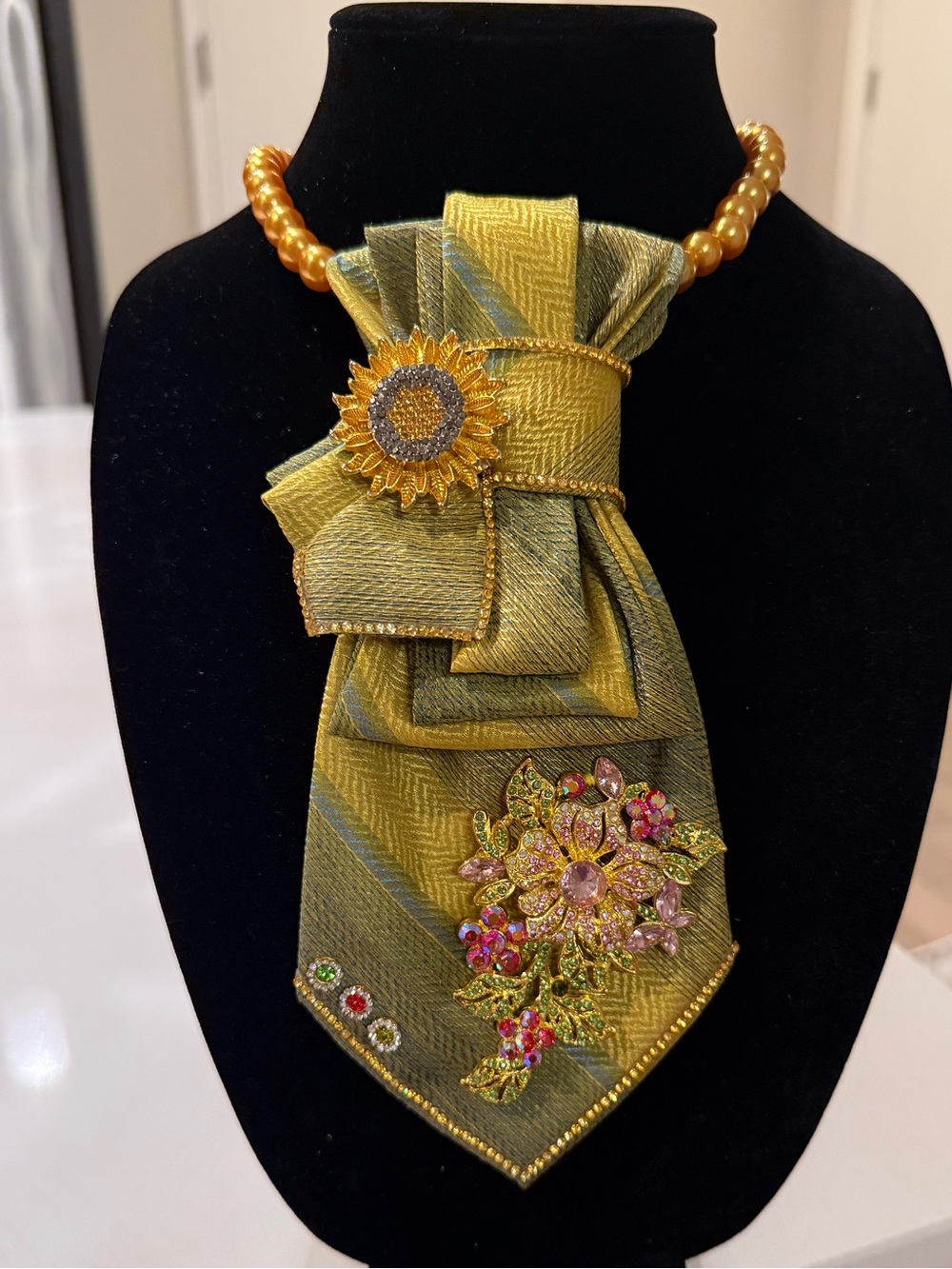 Yellow Green Decorative Necktie Necklace with Floral Embellishments